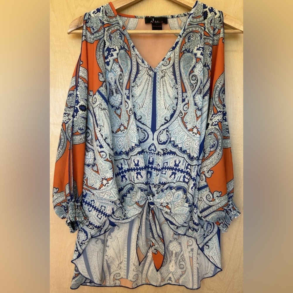 Alberto Makali Women’s S Top Tunic Long Sleeve Tie-Front Open Shoulder V Neck